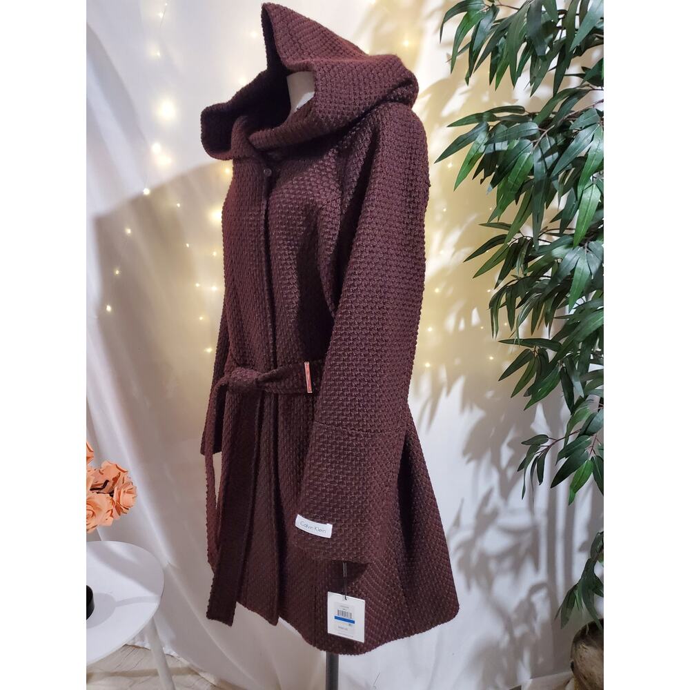 Calvin Klein NWT Woven Belted Hooded Zip Mid Length Coat Womens Size XL Plum - Picture 2 of 15